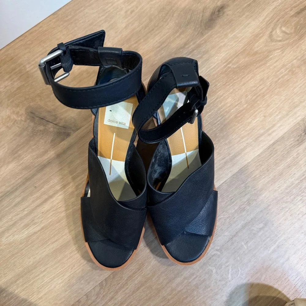 Marc Fisher MLANNIE Wedge Sandal Women 7.5 Black Leather Espadrille Platform